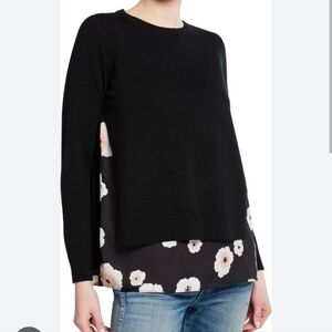 Club Monaco Sweater Size XS Black 100% Wool Floral Peak a Boo